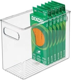 MDesign Large Plastic Office Storage Organizer Container Bin With Handles - Basket For Cabinet, Cupboard, Desk, Closet And Shelf Organization - Holds Notebook, Books, Files, Ligne Collection - Clear -Songmics Furniture Shop 41eqSQ7fwuL. AC