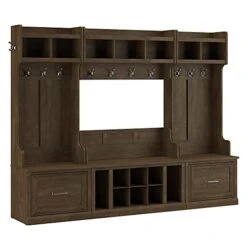 Bush Furniture Woodland Full Entryway Storage Set With Coat Rack And Shoe Bench With Drawers, Ash Brown