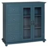 MUPATER Kitchen Buffet Sideboard Storage Cabinet, Floor Cupboard Cabinet With 2 Glass Doors And 4 Drawers For Home Dining Room, Living Room And Entryway, Dark Blue