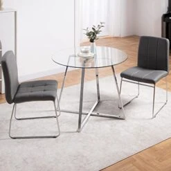 WENYU 3 Pieces Dining Table Set - Round Dining Room Table And Chairs Set, Modern Faux Leather Chairs Kitchen Table Set For Small Space Home Café Table Set- Gray