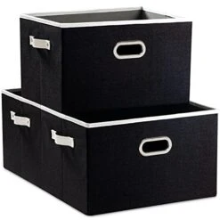 PRANDOM Larger Collapsible Storage Bins For Closet [3-Pack] Decorative Linen Fabric Storage Baskets Cubes With Leather/Metal Handles For Living Room Black (17.3x12.2x10.4 Inch)