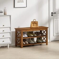 Bamworld Entryway Bench 5 Tier Wooden Storage Benches Rustic Solid Wood Shoe Rack (X-Brown,23.6") -Songmics Furniture Shop 41fboldf44L. AC