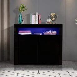 SOOZEE Living Room Sideboard Storage Cabinet Black High Gloss With LED Light, Modern Kitchen Unit Cupboard Buffet Wooden Storage Display Cabinet TV Stand With 2 Doors For Hallway Dining Room (Black)