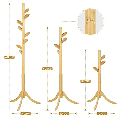 Coat Rack Freestanding Bamboo Coat Tree Rack With 8 Leaf Hooks, 3-Size Height Adjustable For Adults & Kids, Clothes Hanger Stand For Jacket, Hat, Entryway/Hallway/Corner/Bedroom, Natural 5 Coat Rack Freestanding Bamboo Coat Tree Rack With 8 Leaf Hooks, 3-Size Height Adjustable For Adults & Kids, Clothes Hanger Stand For Jacket, Hat, Entryway/Hallway/Corner/Bedroom, Natural - Image 5