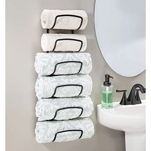 MDesign Steel Towel Holder For Bathroom Wall - Wall Mounted Organizer For Rolled Towels And Bath Robes - Six Level Wall Mount Towel Storage Rack - Bathroom Towel Organizer - Hyde Collection - Black 1 MDesign Steel Towel Holder For Bathroom Wall - Wall Mounted Organizer For Rolled Towels And Bath Robes - Six Level Wall Mount Towel Storage Rack - Bathroom Towel Organizer - Hyde Collection - Black