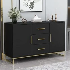 AIEGLE Sideboard Buffet Cabinet With 3 Drawers & 2 Doors, Kitchen Buffet Storage Cabinet Entryway Cupboard With Gold Metal Legs, Black (62.9" L X 15.7" W X 27.5" H) -Songmics Furniture Shop 41flmzGfBYL. AC