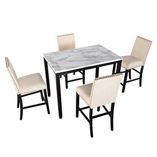 Harper & Bright Designs 5-Piece Faux Marble Top Dining Set, Counter Height Kitchen Table Set-Dining Table W/Faux Marble Top And 4 Beige High Back Upholstered Chairs W/Nailed Trim 2 Harper & Bright Designs 5-Piece Faux Marble Top Dining Set, Counter Height Kitchen Table Set-Dining Table W/Faux Marble Top And 4 Beige High Back Upholstered Chairs W/Nailed Trim - Image 2