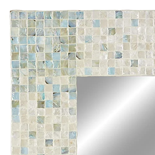 Deco 79 Mother Of Pearl Handmade Mosaic Wall Mirror With Blue Corners, 24" X 1" X 36", Cream 5 Deco 79 Mother Of Pearl Handmade Mosaic Wall Mirror With Blue Corners, 24" X 1" X 36", Cream - Image 5