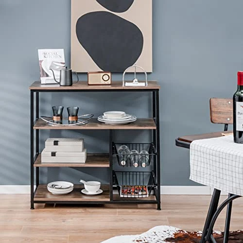 PETSITE Kitchen Bakers Rack, 4-Tier Coffee Bar Station With 2 Pull-Out Baskets, Industrial Microwave Oven Stand, Free Standing Utility Storage Shelf 5 PETSITE Kitchen Bakers Rack, 4-Tier Coffee Bar Station With 2 Pull-Out Baskets, Industrial Microwave Oven Stand, Free Standing Utility Storage Shelf - Image 5