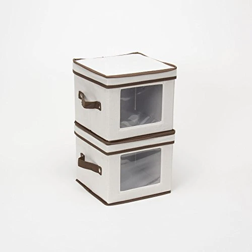 Household Essentials 534 Dinnerware Storage Box With Lid And Handles | Chest For Salad Plates | Natural Canvas With Brown Trim 3 Household Essentials 534 Dinnerware Storage Box With Lid And Handles | Chest For Salad Plates | Natural Canvas With Brown Trim - Image 3