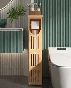 AmazerBath Bathroom Toilet Paper Storage Cabinet Bamboo, Toilet Paper Holder With Storage, Small Bathroom Storage Cabinet For Small Spaces, Slim Bathroom Storage Cabinet, 33x7.3x6.5 Inches