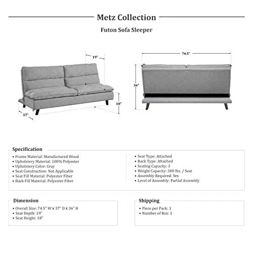 Lexicon Metz Futon Sofa Sleeper Bed, Gray 2 Lexicon Metz Futon Sofa Sleeper Bed, Gray - Image 2