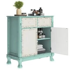 BELLEZE Rustic 32 Inch Wood Entryway Sideboard Cabinet, Antique Farmhouse Vintage Traditional Accent Storage Chest, Two Tone Living Room Decor - Abbey (Sea Foam Green)