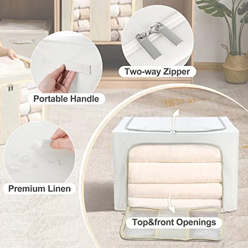 Elegeet 3Pack 66L Storage Bins With Metal Frame - Foldable Linen Fabric Storage Box With Handles And Transparent Window Closet Organizers And Storage(Grey 2 Elegeet 3Pack 66L Storage Bins With Metal Frame - Foldable Linen Fabric Storage Box With Handles And Transparent Window Closet Organizers And Storage(Grey - Image 2