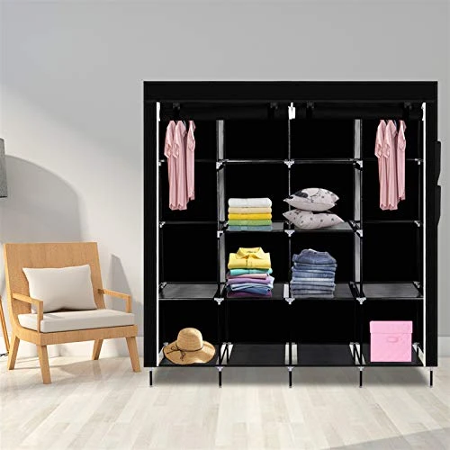 WEI WEI GLOBAL 4-Tier Portable Wardrobe Closet, Clothes Storage Organizer With Non-Woven Fabric, Hanging Rod And 12 Shelves, High Foot, 71" High, Black 2 WEI WEI GLOBAL 4-Tier Portable Wardrobe Closet, Clothes Storage Organizer With Non-Woven Fabric, Hanging Rod And 12 Shelves, High Foot, 71" High, Black - Image 2