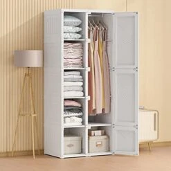 Portable Wardrobe Closets - 14"x20" Depth (10 Cubes) Cube Storage, Bedroom Armoire, Storage Organizer, Clothes Dresser, Closet Storage Organizer, White