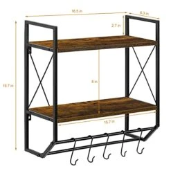 Bathroom Wall Shelf Wall Mounted Industrial 2 Tier Wood Bathroom Towel Rack With Towel Bar, 5 Metal Hooks Rustic Wall Hanging Toilet Storage Shelf For Kitchen, Bathroom, Brown