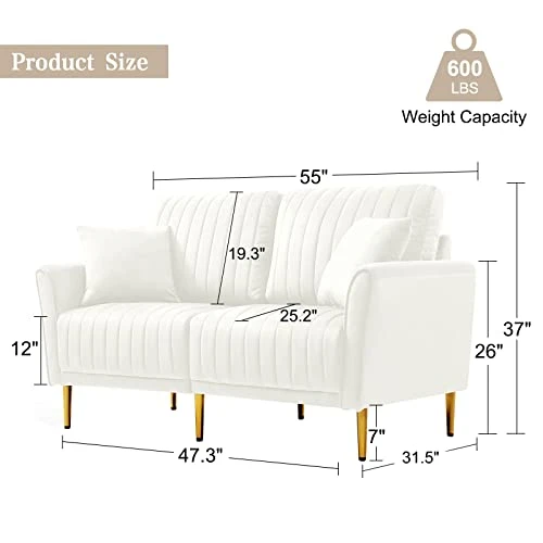 KIVENJAJA Velvet Loveseat Sofa, Channel Tufted 2-Seater Small Couch, Modern Love Seat With 2 Pillows For Living Room Bedroom Apartment, 55”W (Beige) 5 KIVENJAJA Velvet Loveseat Sofa, Channel Tufted 2-Seater Small Couch, Modern Love Seat With 2 Pillows For Living Room Bedroom Apartment, 55”W (Beige) - Image 5