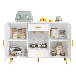YITAHOME Buffet Cabinet, Sideboard Buffet W/Storage, Credenza W/Adjustable Shelf, Wine Glass Holder, Drawers, Modern White & Gold Dresser 300 Lbs Capacity For Living Room, Kitchen, Dining Room -Songmics Furniture Shop 41ha3cA7L5L