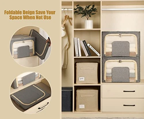 Furnhome 3 Pack Clothes Storage Organizer, Large Storage Bins For Closet, Foldable Clothing Storage Bins For Shelves With Zippers & Clear Window & Reinforced Handles-72L, Grey. 5 Furnhome 3 Pack Clothes Storage Organizer, Large Storage Bins For Closet, Foldable Clothing Storage Bins For Shelves With Zippers & Clear Window & Reinforced Handles-72L, Grey. - Image 5