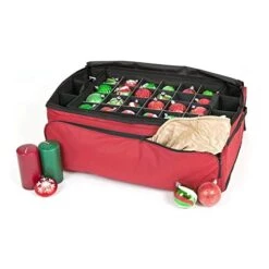 [Red Christmas Ornament Storage Box With Dividers] - (Holds 72 Ornaments Up To 3 Inches In Diameter) | Acid-Free Removable Trays With Separators | Extra Front And Side Pockets For Additional Storage
