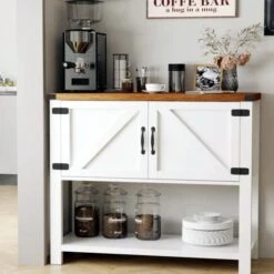 Buffets And Sideboards, Kitchen Sideboard Buffet Storage Cabinet Farmhouse Coffee Bar Cabinet Buffet Cabinet With Storage White Coffee Bar With 2 Doors And Bottom Open Shelf For Living Room, White