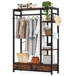 LITTLE TREE Free-standing Closet Organizer, 79" Coat Rack With 2 Drawers, Hall Tree With Hooks And Shelves, Industrial Garment Rack For Entryway, Bedroom, Living Room