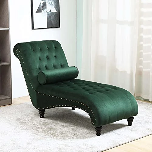 Paddie Velvet Button-Tufted Chaise Lounge Chair Leisure Sofa Chaise Chair W/Bolster Pillow, Nailhead Trim And Turned Legs For Indoor Living Room (Green) 2 Paddie Velvet Button-Tufted Chaise Lounge Chair Leisure Sofa Chaise Chair W/Bolster Pillow, Nailhead Trim And Turned Legs For Indoor Living Room (Green) - Image 2
