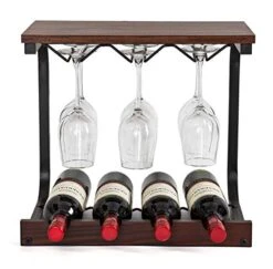 SODUKU Wine Rack Wall Mounted Handmade Metal & Wood Wine Countertop Rack Wine Storage Shelf With 4 Bottle Cages & 6 Long Stem Glass Holder Walnut