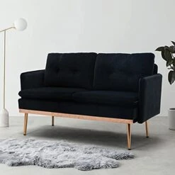 BuckDio Velvet Sofa, Accent Couch For Living Room, For Apartment, Small Space, Solid Wood Frame, Golden Metal Legs, Easy Assembly, Modern Loveseat Sofa Design (Black)