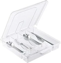 YICOCHI Utensil Holder For Countertop With Lid, Plastic Silverware Tray For Drawer, 5 Compartments Flatware Organizer, White -Songmics Furniture Shop 41iSXOZE4gL. AC