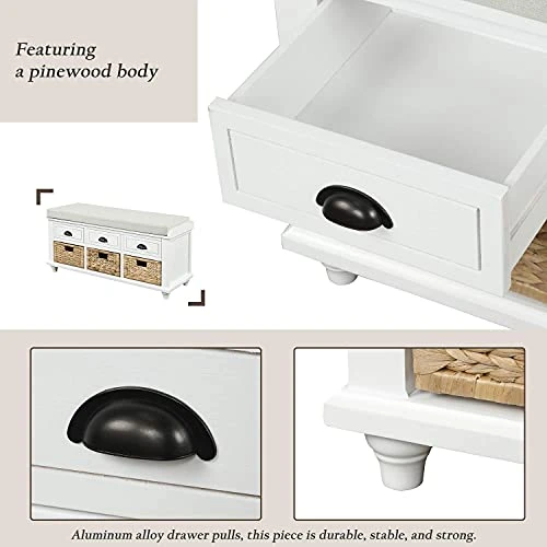 SOFTSEA Oragnizer Storage Bench With 3 Drawers Home Collection Entryway Bench With 3 Rattan Baskets And Removable Cushion For Hallway, Living Room, Shoe Bench Full Assemble(White) 7 SOFTSEA Oragnizer Storage Bench With 3 Drawers Home Collection Entryway Bench With 3 Rattan Baskets And Removable Cushion For Hallway, Living Room, Shoe Bench Full Assemble(White) - Image 7