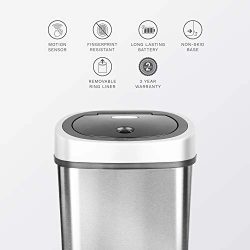NINESTARS DZT-12-9 Automatic Touchless Infrared Motion Sensor Trash Can, 3 Gal. 12 L., Stainless Steel (Oval, Silver/Black Lid) 4 NINESTARS DZT-12-9 Automatic Touchless Infrared Motion Sensor Trash Can, 3 Gal. 12 L., Stainless Steel (Oval, Silver/Black Lid) - Image 4
