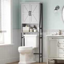 MXARLTR Over The Toilet Storage Cabinet, Over Toilet Bathroom Organizer, Above Toilet Storage Cabinet With Barn Doors Behind Toilet Bathroom Organizer Over-The-Toilet Cabinet (Cream White) -Songmics Furniture Shop 41iof3uQuL. AC