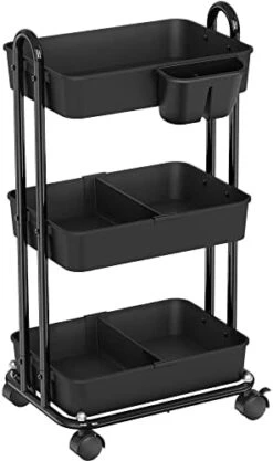 Simple Houseware 3-Tier Kitchen Cart Multifunctional Rolling Utility Cart With 2 Dividers And Hanging Bucket, White -Songmics Furniture Shop 41isnNHQdpL. AC