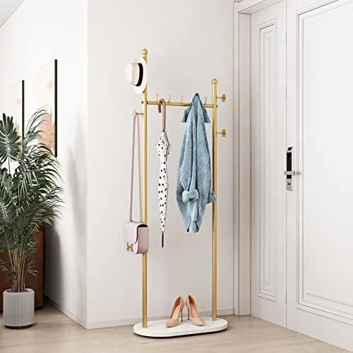 DR.IRON Gold Clothing Racks With Marble Base Modern Gold Coat Racks Freestanding Gold Clothes Rack With Shelves For Bedroom Heavy Duty Garment Racks In Hallway, Entryway 6 DR.IRON Gold Clothing Racks With Marble Base Modern Gold Coat Racks Freestanding Gold Clothes Rack With Shelves For Bedroom Heavy Duty Garment Racks In Hallway, Entryway - Image 6