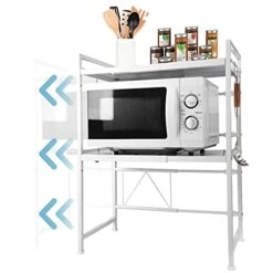 ABCOOL 3-Tier Retractable Kitchen Baker Microwave Oven Rack, Expandable And Height Adjustable Carbon Steel Shelf Counter Countertop With 3 Clip Hooks, Electric Oven Holder