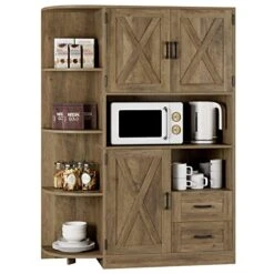 HOSTACK 60.4" Farmhouse Kitchen Pantry Storage Cabinet, Freestanding Hutch With Doors & Shelves, Buffet Sideboard With Microwave Stand, Coffee Bar With Drawers, Cupboard For Dining Room, Rustic Brown -Songmics Furniture Shop 41j84iAVwKL