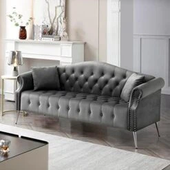 Homtique Sofa Set For Living Room 2 Piece, Modern Velvet Loveseat Sofa Set Upholstered Button Tufted Nailhead Trimming Rolled Arm And Metal Legs, Velvet Sofa Couch With 4 Pillows For Home (Beige) -Songmics Furniture Shop 41j9XerVryL. AC