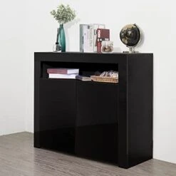 SOOZEE Living Room Sideboard Storage Cabinet Black High Gloss With LED Light, Modern Kitchen Unit Cupboard Buffet Wooden Storage Display Cabinet TV Stand With 2 Doors For Hallway Dining Room (Black) -Songmics Furniture Shop 41j9qr0AMAL
