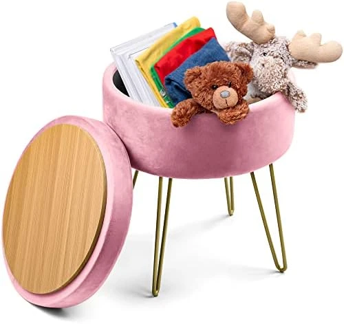 YITAHOME Modern Velvet Upholstered Round Storage Ottoman Footrest Vanity Stool With Gold Metal Legs & Tray Top Coffee Table Having 17.5” Height And Holds Upto 330 Lbs (Pink) 6 YITAHOME Modern Velvet Upholstered Round Storage Ottoman Footrest Vanity Stool With Gold Metal Legs & Tray Top Coffee Table Having 17.5” Height And Holds Upto 330 Lbs (Pink) - Image 6