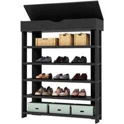SogesHome 6-Tier Shoe Cabinet, Wood Shoe Rack Free Standing Shoes Shelf For Entryway, Corner Shoe Organizer With Open Cover For Living-room, Bedroom, Black