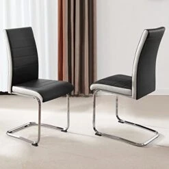 SICOTAS Dining Chairs Set Of 2 - Modern Kitchen Chairs Faux Leather, High Back Dining Room Chairs With Metal Base, Upholstered Dinner Chairs, 2 PCS Armless Side Chair For Dining Room And Kitchen,Black