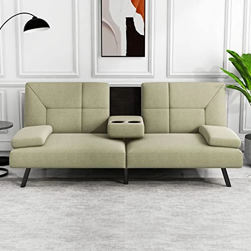 IULULU Futon Sofa Bed, Convertible Sleeper Couch Daybed With 2 Cup Holders And Removable Armrest For Apartment, Studio, Dorm, Office, Home, Khaki 1 IULULU Futon Sofa Bed, Convertible Sleeper Couch Daybed With 2 Cup Holders And Removable Armrest For Apartment, Studio, Dorm, Office, Home, Khaki