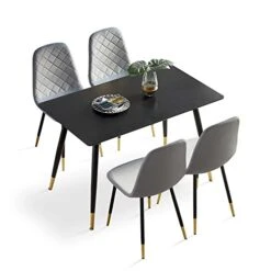 NORDICANA 5-Piece Dining Table Set, 47 In Modern Rectangle Kitchen Table & 4 Grey Velvet Upholstery Side Chairs, Solid Metal Legs, Dining Room Set For 4