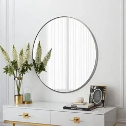 Untrammelife Silver Round Bathroom Mirror, 32 Inch Large Bathroom Vanity Mirror, Modern Circle Wall Mirror Silver Brushed Nickel Metal Frame Round Wall-Mounted Mirror For Bedroom Living Room