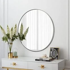 Untrammelife Silver Round Bathroom Mirror, 32 Inch Large Bathroom Vanity Mirror, Modern Circle Wall Mirror Silver Brushed Nickel Metal Frame Round Wall-Mounted Mirror For Bedroom Living Room -Songmics Furniture Shop 41jYT1g1yUS. AC