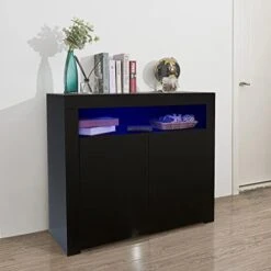 SOOZEE Living Room Sideboard Storage Cabinet Black High Gloss With LED Light, Modern Kitchen Unit Cupboard Buffet Wooden Storage Display Cabinet TV Stand With 2 Doors For Hallway Dining Room (Black) -Songmics Furniture Shop 41jcJKSRtuL