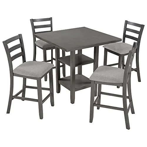 KELRIA 5-Piece Wooden Counter Height Set, Includes 1 Table, 4, Padded Chairs And Storage Shelving, For Dining, Living Room, Kitchen, Gray 5 KELRIA 5-Piece Wooden Counter Height Set, Includes 1 Table, 4, Padded Chairs And Storage Shelving, For Dining, Living Room, Kitchen, Gray - Image 5