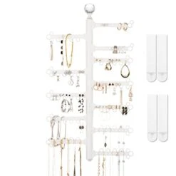 All Hung Up 12-Tier 17" Wall Jewelry Organizer : Command Strips Included For Easy Hanging : 120 Earring Organizer Holes : Necklace Organizer : Bracelet Holder : Ring Holder : Rotating Branches (White)
